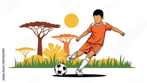 African boy playing soccer outdoors with joyful energy. Great for childhood joy, sports development, and playtime lifestyle content