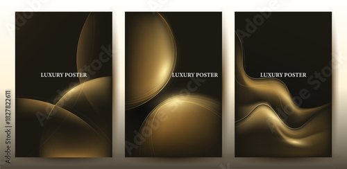 Luxury gold black curve poster set background, abstract elegant background vector for branding presentation