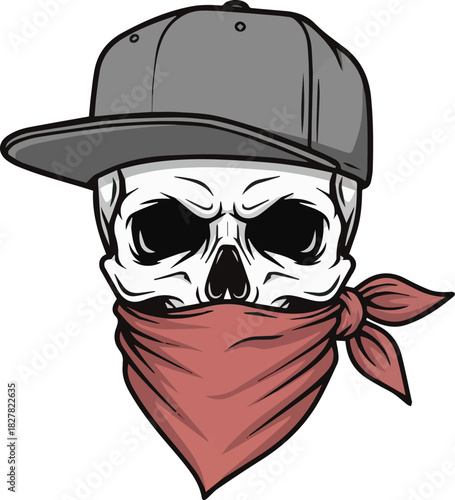 Aggressive Skull with Bandana and Baseball Cap, Emblematic of Danger and Rebellion
