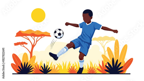 African boy playing soccer outdoors with joyful energy. Great for childhood joy, sports development, and playtime lifestyle content