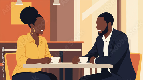 Two African friends sharing coffee and conversation at a café. Ideal for social connection, friendship, lifestyle, and modern culture themes
