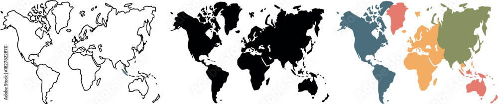 Obraz premium World Map Vector Illustration in Outline and Solid Forms Displaying Continents