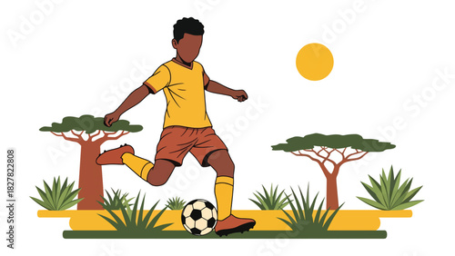 African boy playing soccer outdoors with joyful energy. Great for childhood joy, sports development, and playtime lifestyle content