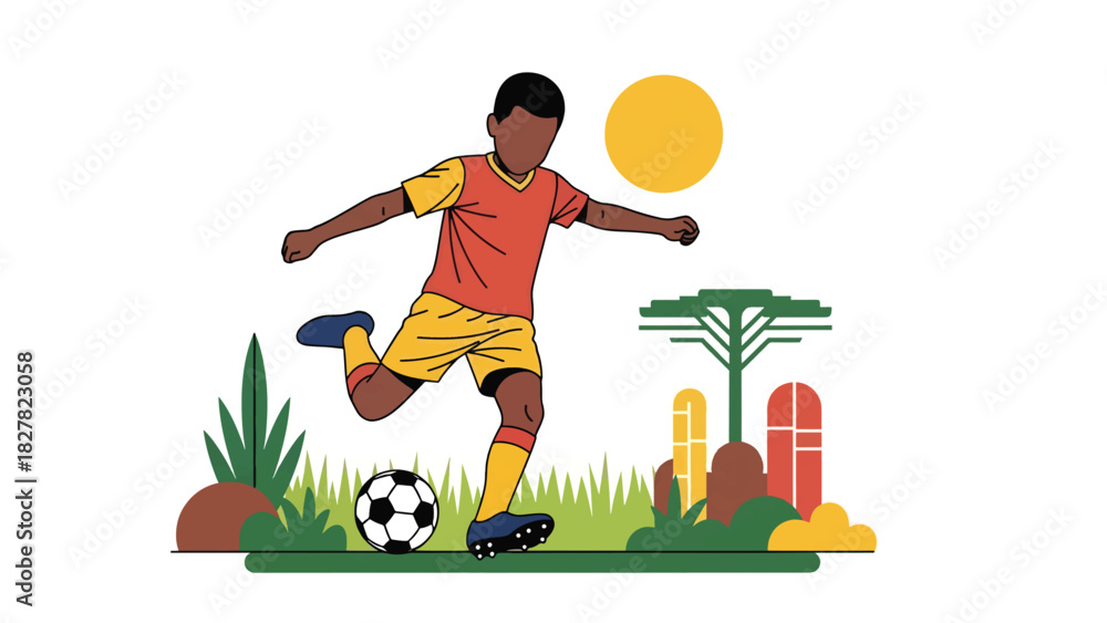 Naklejka premium African boy playing soccer outdoors with joyful energy. Great for childhood joy, sports development, and playtime lifestyle content