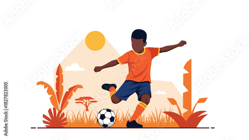 African boy playing soccer outdoors with joyful energy. Great for childhood joy, sports development, and playtime lifestyle content