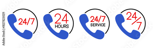 Vector isolated 24 7 Service icon set in black, red, and blue color