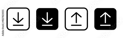 Vector isolated Upload and Download square icon set in black outline and fill