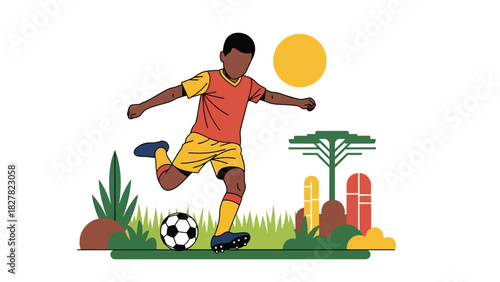 African boy playing soccer outdoors with joyful energy. Great for childhood joy, sports development, and playtime lifestyle content