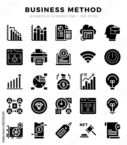 Set of Business Method icons in Glyph style. Glyph Icons symbol collection.