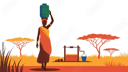African woman collecting water with container from a shared source. Ideal for humanitarian themes, global water access, and environmental equity visuals