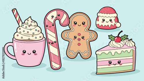 Kawaii Christmas treats: hot chocolate, candy cane, gingerbread man, Santa hat cookie, and cake slice.