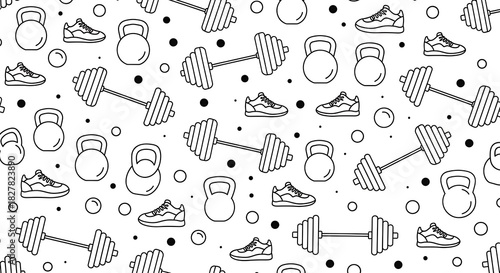 Seamless pattern of gym and fitness equipment outlines isolated on white background