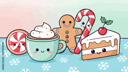Cute cartoon illustration of Christmas treats: hot chocolate, gingerbread man, candy cane, cake, and lollipop.