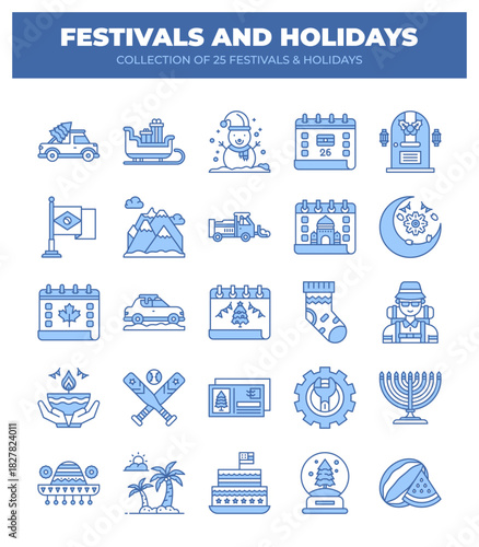 Collection of 25 Festivals and Holidays. Icons and Symbols