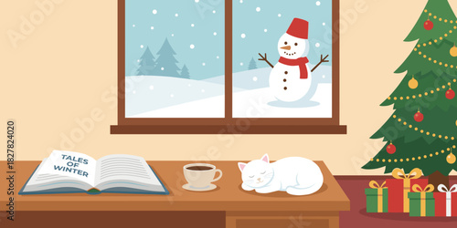 Cozy Winter Interior With Sleeping Cat, Coffee Cup, Book, and Snowman Outside the Window