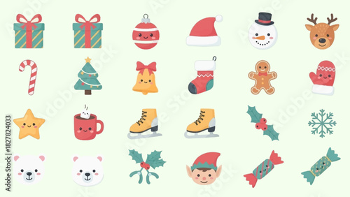 Christmas icons set with gifts, ornaments, and holiday symbols.