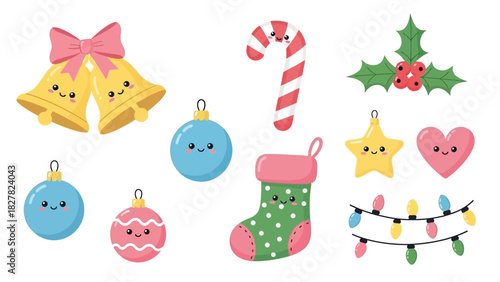 Kawaii Christmas decorations: bells, candy cane, holly, ornaments, stocking, lights, star, heart.