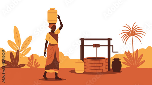 African woman collecting water with container from a shared source. Ideal for humanitarian themes, global water access, and environmental equity visuals