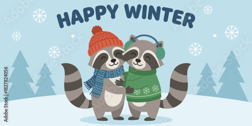 Cute Winter Raccoons Hugging in Snowy Forest