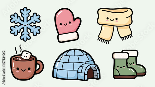 Cartoon winter icons: snowflake, mitten, scarf, cocoa, igloo, boots.