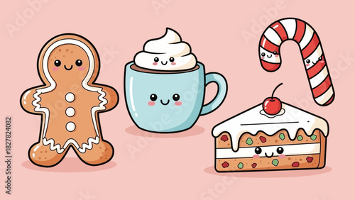 Cute cartoon Christmas sweets: gingerbread man, hot chocolate, candy cane, and cake slice with cherry on top.