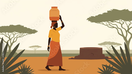 African woman collecting water with container from a shared source. Ideal for humanitarian themes, global water access, and environmental equity visuals