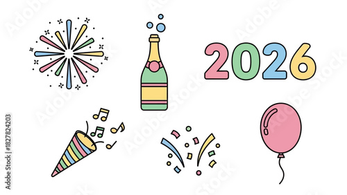 Wallpaper Mural New Year's Eve 2026 celebration icons: fireworks, champagne, confetti, party popper, and balloon. Torontodigital.ca