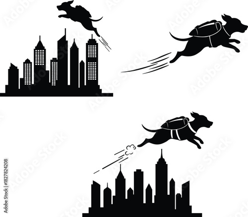 Cartoon dog silhouettes flying with jetpacks above city skylines, whimsical fantasy animal technology artwork, dynamic urban vector illustration set