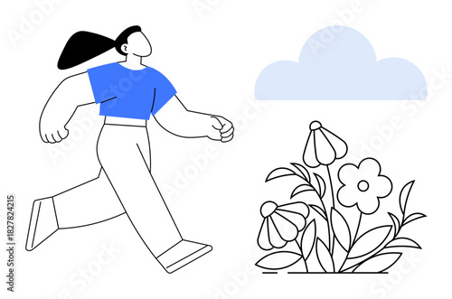 Woman walking with determination near blooming flowers and a cloud in a clean, simple composition. Ideal for nature, outdoors, peacefulness, fitness, sustainability, motivation lifestyle. Simple