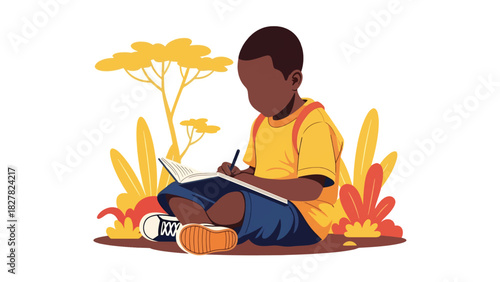 Africa poor child studying outside using sunlight. Ideal for education access, hope, resilience, and learning themes.
