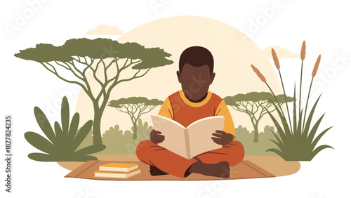 Africa poor child studying outside using sunlight. Ideal for education access, hope, resilience, and learning themes.
