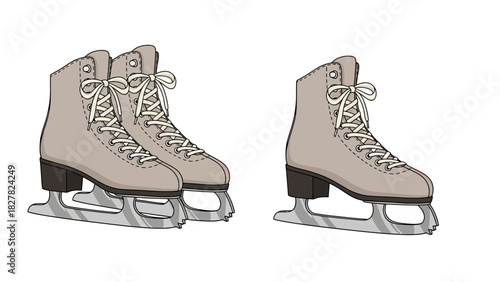 Illustration of ice skates, one pair and a single skate, on a white background.