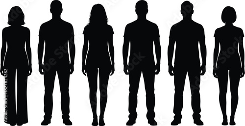 Title: Set of six diverse adult male and female full-body silhouettes standing, showing different body shapes and casual clothing, isolated on white.