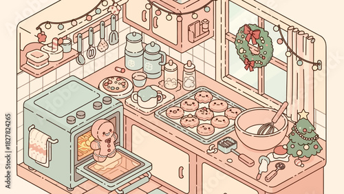 Isometric kitchen scene with gingerbread man in oven and Christmas decorations.