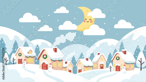 Winter village scene with snow-covered houses and a smiling moon.