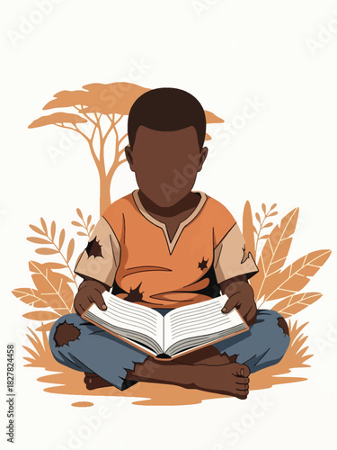 Africa poor child studying outside using sunlight. Ideal for education access, hope, resilience, and learning themes.
