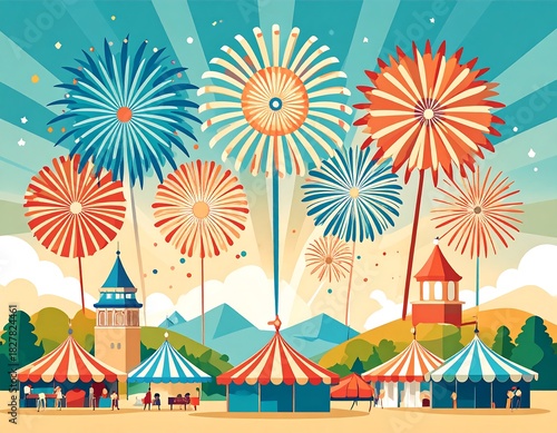 Carnival scene with colorful tents and fireworks under a bright sky, stylized buildings, and distant mountains