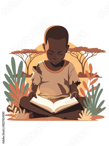 Africa poor child studying outside using sunlight. Ideal for education access, hope, resilience, and learning themes.
