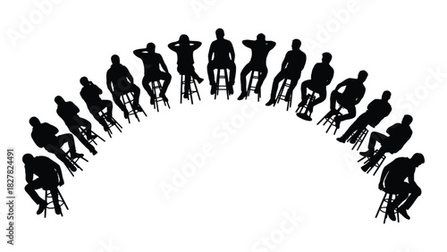 Diverse male silhouettes in a semicircle on stools isolated on white background, Vector