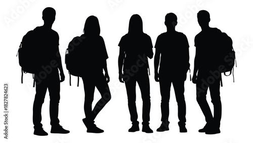 Student silhouettes with backpacks isolated on white background, Vector