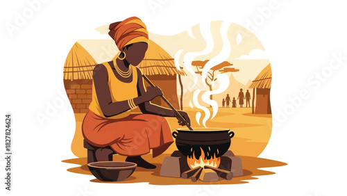 Africa woman preparing a meal using outdoor fire stove. Ideal for traditional cooking, resource-limited living, and family survival themes