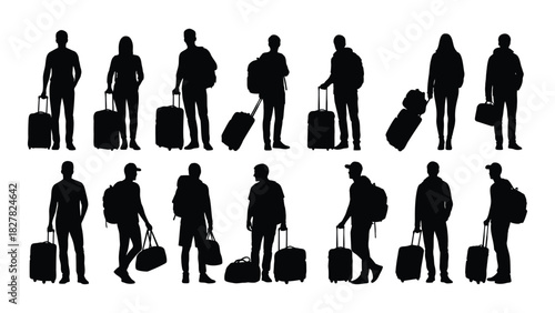 Collection of travelers with luggage silhouettes isolated on white background, Vector