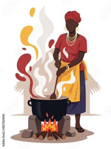 Africa woman preparing a meal using outdoor fire stove. Ideal for traditional cooking, resource-limited living, and family survival themes