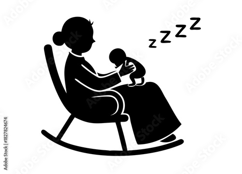 Gentle silhouette of grandmother holding sleeping baby in rocking chair, conveying warmth and peace .vector icon