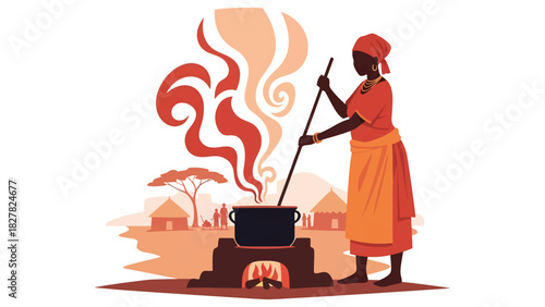 Africa woman preparing a meal using outdoor fire stove. Ideal for traditional cooking, resource-limited living, and family survival themes