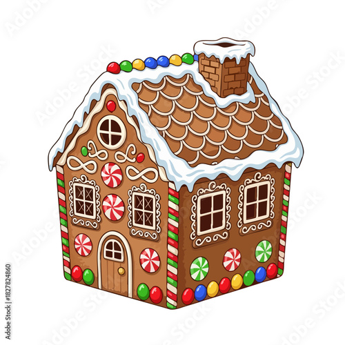 Festive Gingerbread House with Candy Decorations and Snowy Roof.