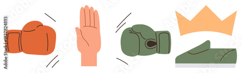 Boxing gloves facing each other, a raised hand, a crown, and a sports shoe symbolizing competition, resolution, leadership, teamwork, sportsmanship power and achievement. Ideal for simple flat