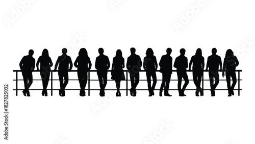 Group of diverse people silhouettes leaning on a railing isolated on white background, Vector