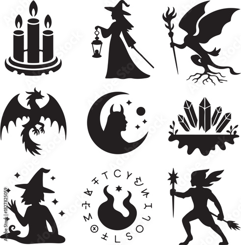 Collection of various mystical symbols in black silhouette style illustration