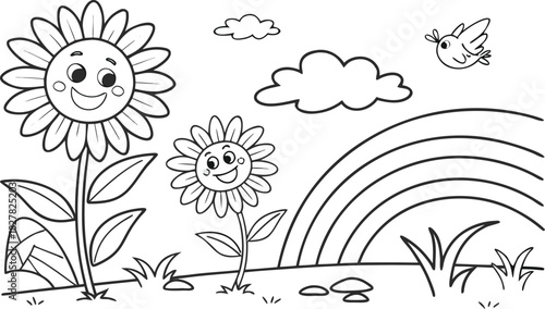 sunflowers in outline form. Line art of sunflowers.